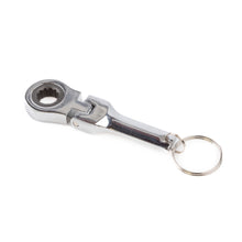 Metallic keychain tool with a ratcheting handle on a white background