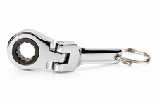 A chrome ratchet wrench keychain with a split key ring, shown on a clean white background.