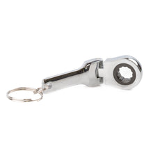 Metal wrench-shaped keychain on a white background