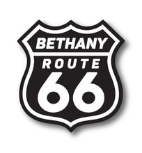 Route 66 sign with 'Bethany' text on a white background