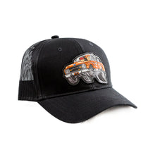 Black trucker hat with a graphic of a vintage truck on a white background