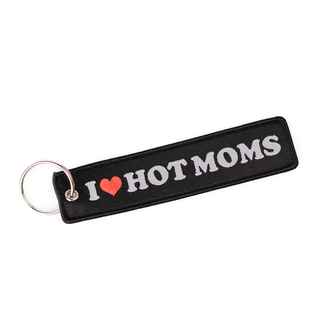 I love hot moms fabric keychain black, white with red heart