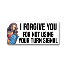 Cartoon character with text 'I forgive you for not using your turn signal' on a white background
