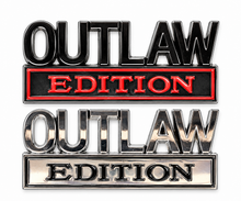 Two metallic 'OUTLAW EDITION' badge designs on a plain white background, one with black lettering and a red outlined bar, and the other with silver lettering and a black outlined bar.