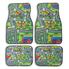 Four colorful car floor mats with road and house design on a white background