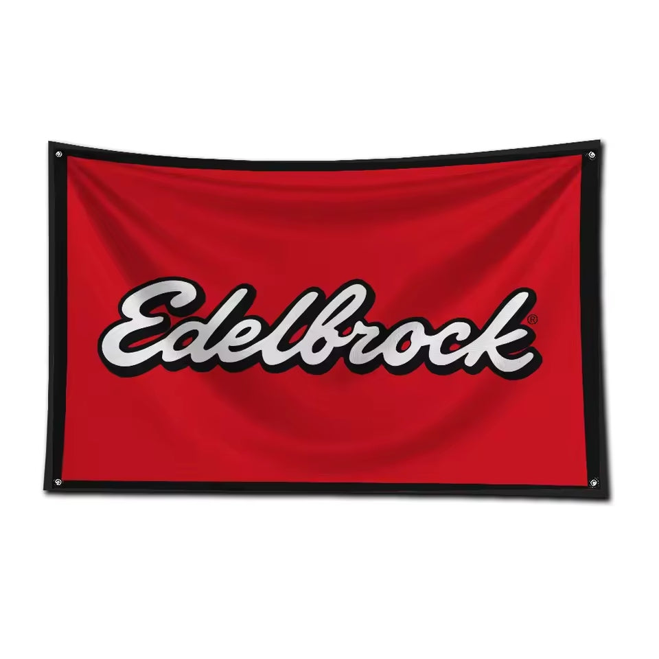 Red flag with 'Edelbrock' logo on a white background