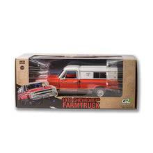 Boxed model of a 1970 Chevrolet Farmtruck with a red and white design.