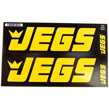 A sheet of JEGS branded performance stickers in yellow and black colors, with the brand's logo and name displayed prominently.