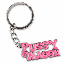 A novelty keychain featuring the words 'PUSSY WAGON' in bold pink bubble letters with silver metal outlines, attached to a silver split ring and short chain on a plain white background.