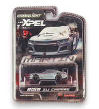 Martin Motorsports XPEL Greenlight 2018 ZL Camaro diecast model car in its original blister card packaging, featuring a silver and white race car design.
