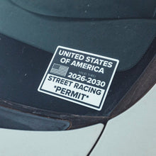 Sticker on a car window claiming 'Street Racing Permit' in the United States of America