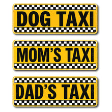 Three yellow signs with black text and checkered border on a white background
