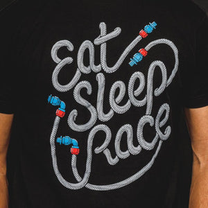Eat Sleep Race Logo on front of black t-shirt