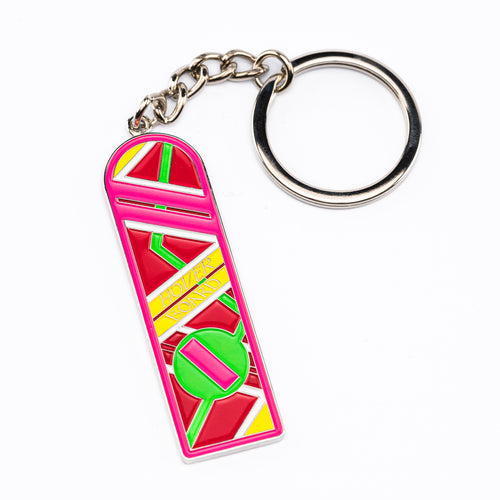 A colorful enamel keychain shaped like the Hoover Board from the Back to the Future movie franchise.