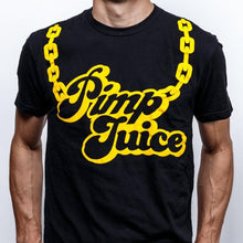 A black crew neck t-shirt with the text 'Pimp Juice' printed in yellow along with a graphic of a chain above the text.