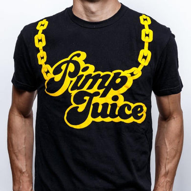 A black crew neck t-shirt with the text 'Pimp Juice' printed in yellow along with a graphic of a chain above the text.