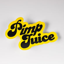 A diecut vinyl decal with the text 'Pimp Juice' in black on a yellow background, designed for vehicle traction.